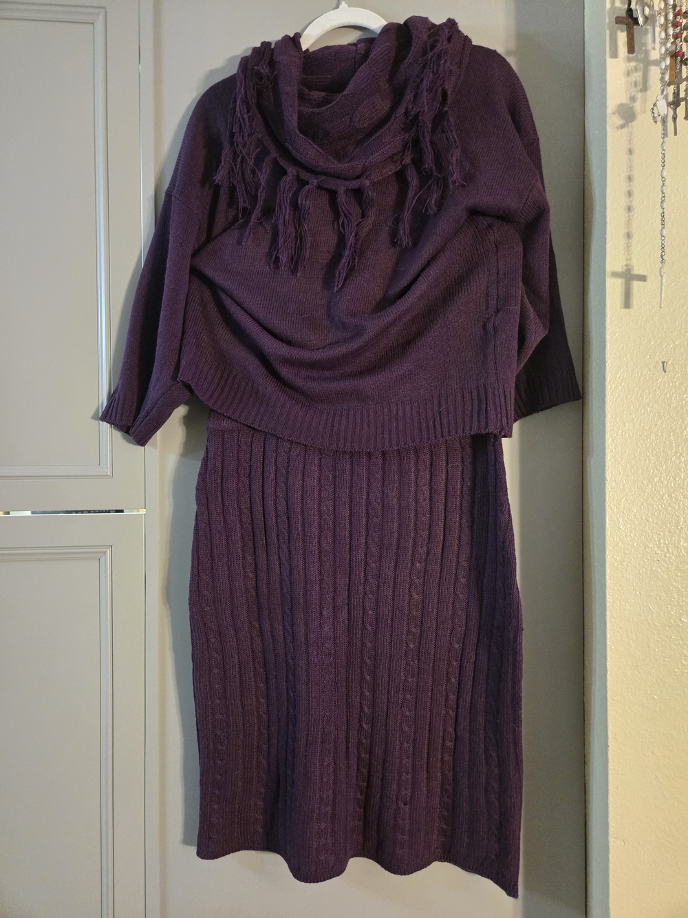 Women's Purple Cowl Neck Knit Dress with Fringe - Picture 7 of 7